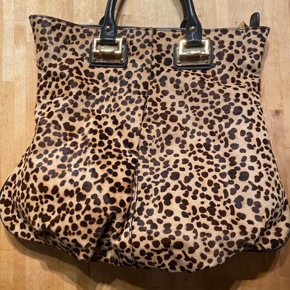 CHARLES JOURDAN LEATHER PURSE LEOPARD PONY HAIR FUR DOUBLE HANDLE SHOP TOTE BAG